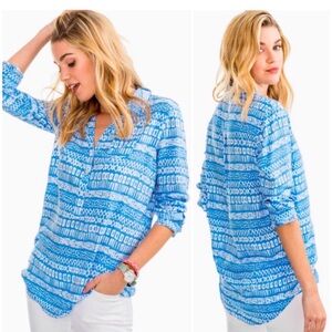 Southern Tide Large Casey Island Batik TUnic Henley pullover blue top blouse